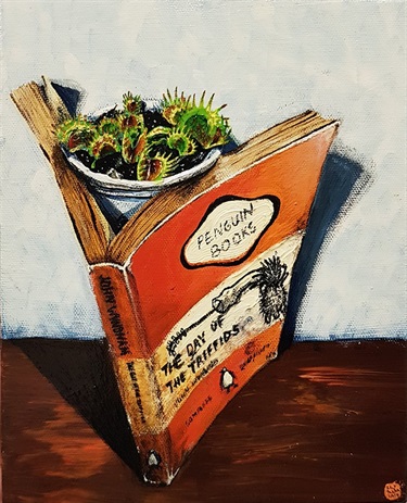 Yum by Raj Panda. The painting Yum is a still life artwork that depicts a book and a plant. The book and plant in the painting are connected by a common thread. In Yum, it is the carnivorous nature.