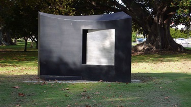 Campbell Robertson-Swann, One. Lyne Park, Rose Bay. Acquired by the Trust. Campbell Robertson-Swann has always been fascinated by the sculptural elements within architecture, in particular the window and all it represents, framing both the interior and exterior. The window creates intrigue and then continues to change the perception of the work with each step. The stainless steel and black steel play off each other, giving a sense that the work is superimposed on the landscape.