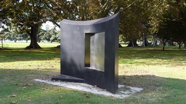Campbell Robertson-Swann, One. Lyne Park, Rose Bay. Acquired by the Trust. Campbell Robertson-Swann has always been fascinated by the sculptural elements within architecture, in particular the window and all it represents, framing both the interior and exterior. The window creates intrigue and then continues to change the perception of the work with each step. The stainless steel and black steel play off each other, giving a sense that the work is superimposed on the landscape.