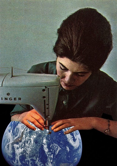 World Mend by Emma Anna. World Mendis a recent image developed as part of my collage project The New Old World (aka The NOW). It proposes an easy fix to current global ecological concerns - if only everything was really this simple! The NOW is a collection of ideas and narratives crafted over many years that depict life in an imaginary utopia. It mixes vintage ephemera from books and magazines unearthed in charity op shops with contemporary imagery from sources such as department store advertising brochures.