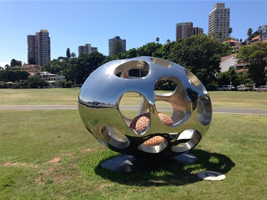Professor Zhang Yangen, Sea's Nest. Yarranabbe Park, Darling Point. Acquired by the Trust. The inspiration of the sculpture comes from the shape of an egg, which implies that human life goes through the stages of birth, growing up and passing away. The sculpture with its cage-like egg shape, creates a window to the brick egg inside, bringing the viewer the idea of breath of life, as well as alluding to a possible mythological being from the sea.