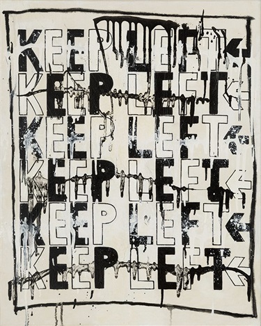 Keep Left by Dirk Kruithof. Pop art takes things from everyday life – especially advertising, signs or seemingly ‘trivial’ familiar content and either makes something new out of it, or simply throws it right back out at the viewers’ eyeball. The use of repetitive text is a structural device and the sole content of these recent paintings of mine. The mood is folksy and home-made looking but with a bit of a harder edge – a kind of ‘graphic grunge’.  The inherent simplicity appears blank or is seen as simply a surface pattern at first, the fact words are involved then tickles the mind to throw up other meanings.