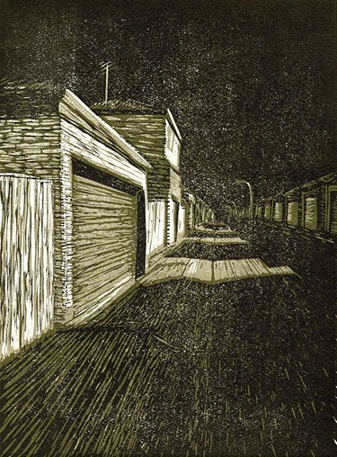Road by Amelia Ruggiero. Road is a work from a series of linocuts exploring mundane aspects of one’s existences. Road captures an immediate snapshot of a banal, fleeting and overlooked moments of everyday life. My artworks examine how one may experience the every day focusing on the quiet, simple and mundane scenes, a tree and a road. These banal and quiet moments are themselves curious and compelling to me. The physical and corporeal elements of these moments are visually intriguing and hold alluring feelings such as boredom, tranquillity and contemplation.