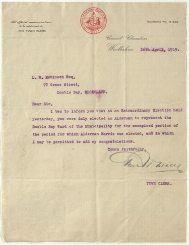 Letter from the Town Clerk of Woollahra