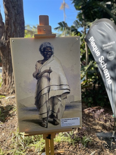 Image of Cora Gooseberry (Karoo), painted by G.F Angas in 1845. Image from the South Australian Museum, Archives - AA8/4/2/4, Angas Collection. Plaque unveiling on Cove Street, near Camp Cove Reserve, on 11 August 2023.