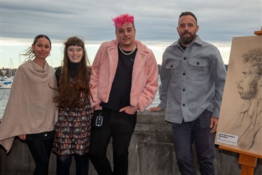 L-R: Cherokee Lord (Bundjalung), Kerry-Ann Tape (Ngiyampaa), Damien Webb (Palawa) of the State Library of NSW Indigenous Engagement Unit, with guest speaker Michael Ingrey, La Perouse Local Aboriginal Land Council