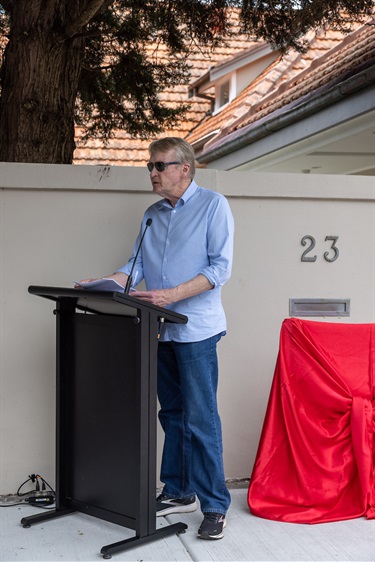 Guest speaker Graham Shirley, Film Maker and Film Historian, speaking at the plaque unveiling