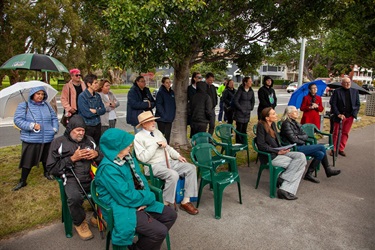 Guests at the unveiling of a plaque to commemorate the life of William Warrell, Senior Aboriginal man and Rose Bay identify, on 30 May, 2022 on the Rose Bay promenade