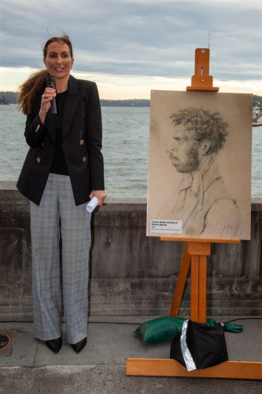 Mayor of Woollahra, Cr Susan Wynne. Image on easel: Charles Rodius drawing of William Warrell, 1844, State Library of New South Wales, PXA1005-2