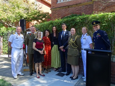 L-R Captain Heath Robertson, Major General Matt Pearse, AM, The Hon. Gabrielle Upton, MP, Wendy Sharpe, Mayor Cr. Susan Wynne, Cr. Anthony Marano, Staff Officer Amy Duncan, Commander Tina Brown, Group Captain Michael Jansen.