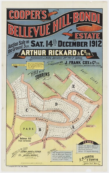 Sales plan for the first subdivision of the Cooper's Bellevue Hill-Bondi Estate offered for sale in December 1912. The 1912 release was centered on the newly constructed estate road named ‘Birriga’ – eventually the route taken by the extension of the Bellevue Hill tramway to Bondi Beach. Image: From the collections of the State Library of New South Wales  c028640011