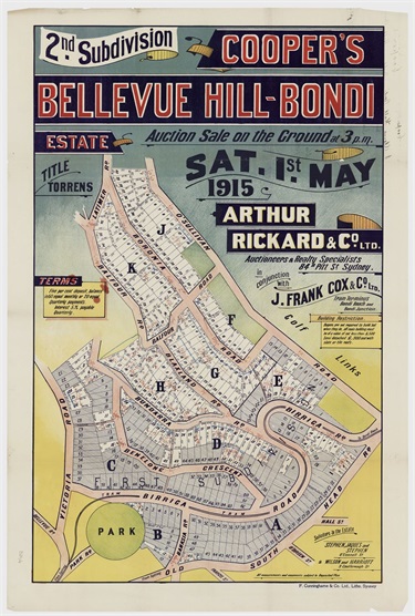 Sales plan for the second subdivision of the Cooper's Bellevue Hill-Bondi Estate offered for sale in 1915.  Image: From the collections of the State Library of New South Wales  c028640004