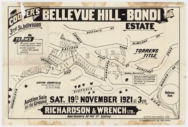 Sales plan for the residue of the third subdivision of the Cooper's Bellevue Hill-Bondi Estate offered for sale in 1921.  Image: From the collections of the State Library of New South Wales  c028640090