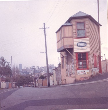 'Emma Chisett’ (previously a shop) 81 Cameron Street, Edgecliff (cnr of Thorne Street) - probably built 1860s and still standing. Image from an album of coloured photographs of Edgecliff dating from the mid 1960s.  Woollahra Libraries Digital Archive PF004610g.