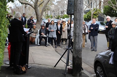 Emeritus Professor Anne Boyd, speaking at the unveiling of a plaque for Peter Sculthorpe