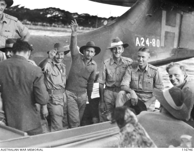 Members of 8th Division, Ex-Prisoners of War of the Japanese at Changi, arrived at Rose Bay Flying Boat Base by Catalina Aircraft