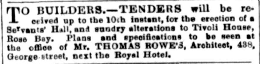 Newspaper notice for tenders for erection of servants and sundry alterations to Tivoli house