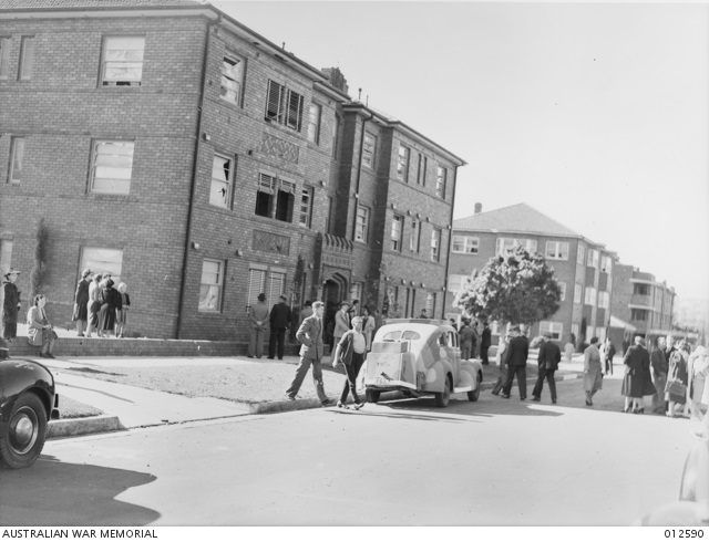 Examining the aftermath in daylight, Plumer Road, Rose Bay, 8 June 1942