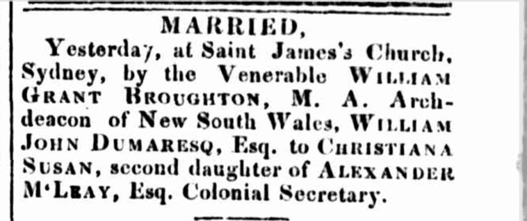 Marriage Notice for William Dumaresq and Christiana Susan