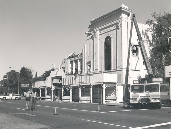 Beginning of demolition of the facade of the Wintergarden Theatre