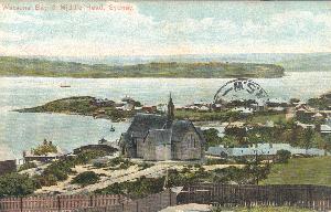 Postcard view of St Peters Anglican Church with Camp Cove in the near background early 20th century