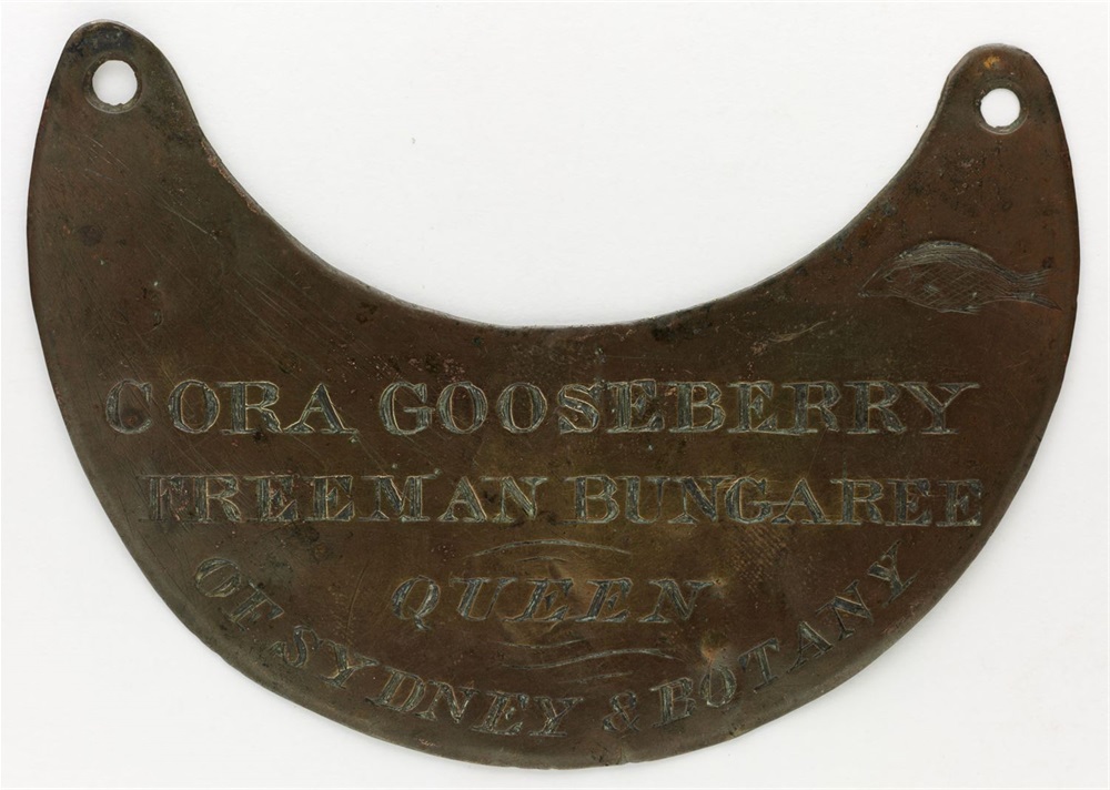 Cora Gooseberry, Freeman Bungaree, Queen of Sydney & Botany [Brass breastplate]. State Library of New South Wales Object Reference: 93QVAL41
