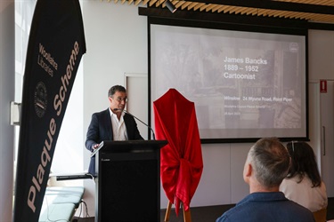 1. Plaque unveiling for James Charles Bancks held at Woollahra Library at Double Bay 28 April 2023. Cr Richard Shields speaking at the event.