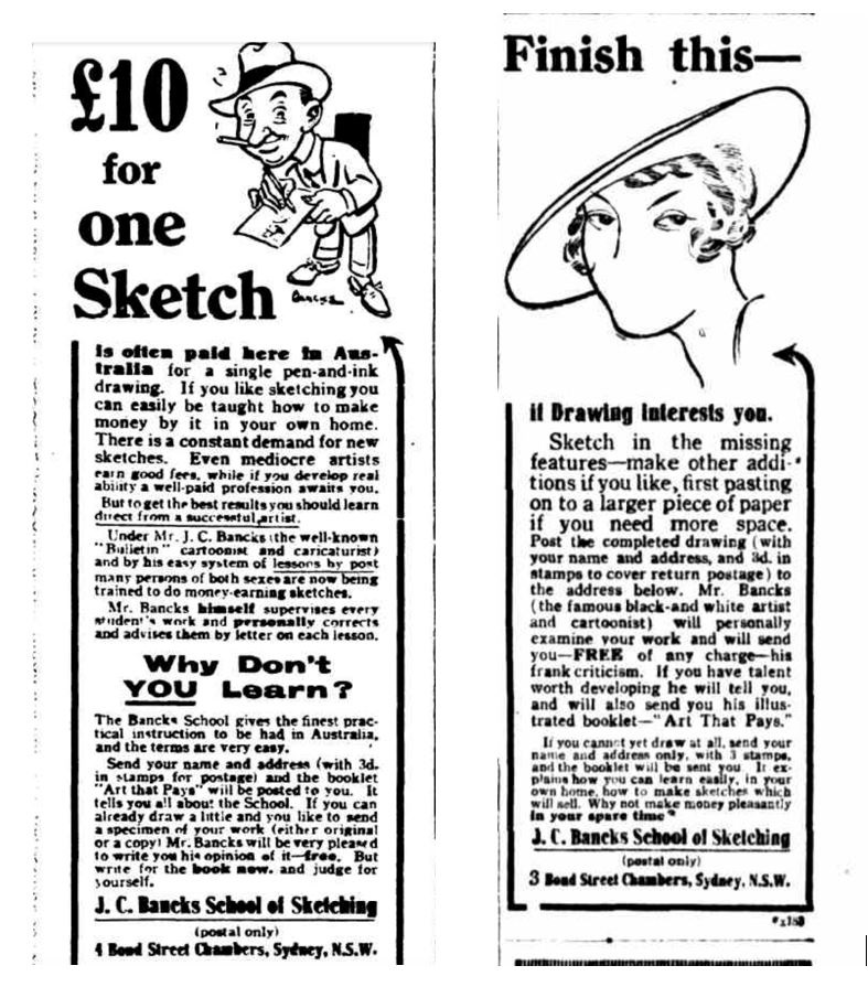 J C Bancks School of Sketching. 'Advertising' The World's News November 19, 1921 p. 26. 'Advertising' Chronicle 1921, July 2, 1921 p.15