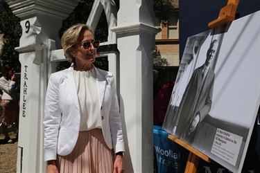 Gabrielle Gollan with an image of her great grandfather Sir Mark Sheldon KBE