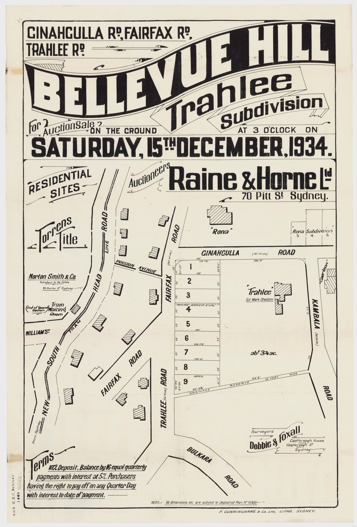 Bellevue Hill Trahlee Subdivision plan Saturday 15th December 1934 State Library of New South Wales Ref: FL10410199