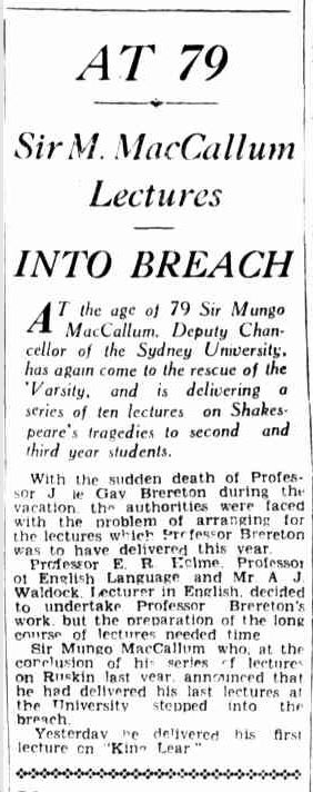 'AT 79' Sir M MacCallum Lectures The-Sun-1933-March-16-p.-15