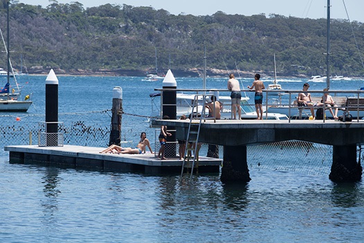 People swimming and jumping off a pontoon into the Watsons Bay Baths