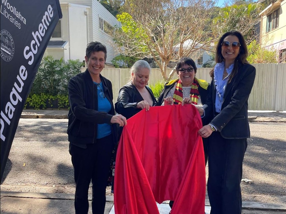 Unveiling a plaque for Cora Gooseberry (Karoo) 11 August 2023.  L-R Corinna Pierce (nominator); Melissa Jackson, Indigenous Engagement Librarian SLNSW (Guest Speaker); Aunty Maxine Ryan (La Perouse LALC); Woollahra Mayor Cr Susan Wynne.