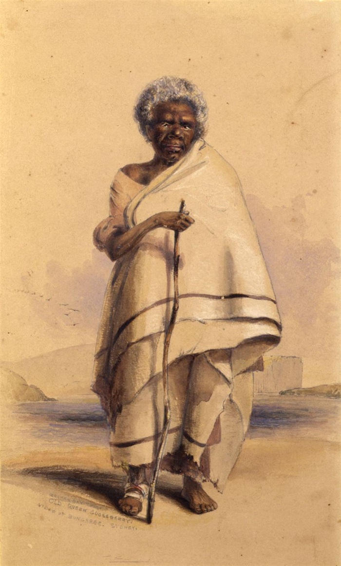 G F Angas 1845 Old Queen Gooseberry widow of Bungaree, Sydney. Angas Collection, SA Museum AA8-4-2-4